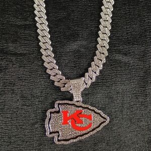NFL Kansas City Chiefs 20Inch Necklace Pendant Cuban Chain Link Football Jewelry